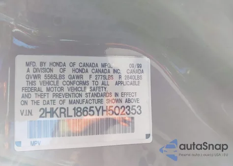 2000 Honda Odyssey Ex from USA, damaged, VIN 2HKRL1865YH502353